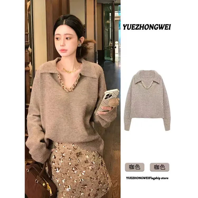 2025独特漂亮V领针织毛衣女款新款冬季慵懒高级感气质打底衫上衣