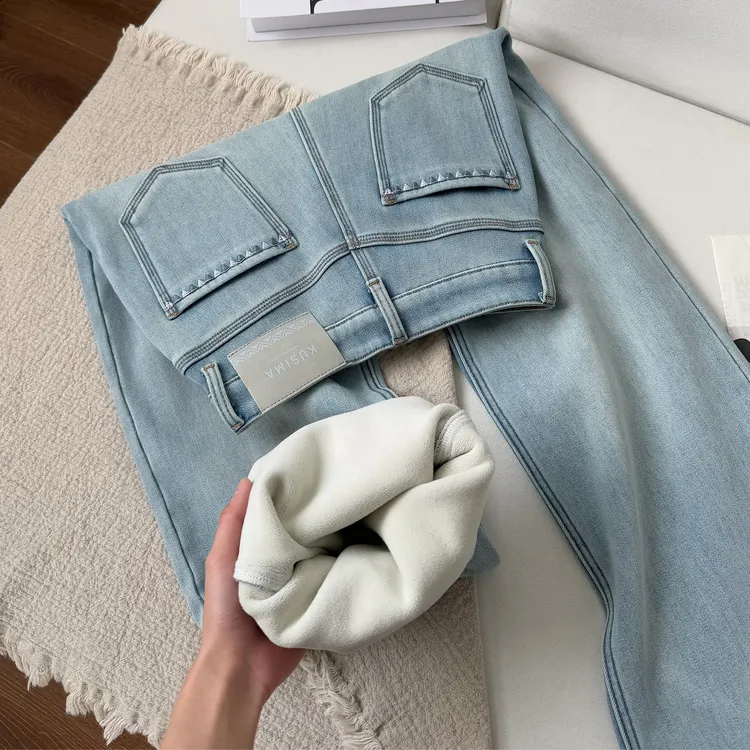 冰雪蓝弹力加绒直筒牛仔裤女2025冬季新款刺绣高腰百搭显瘦阔腿裤