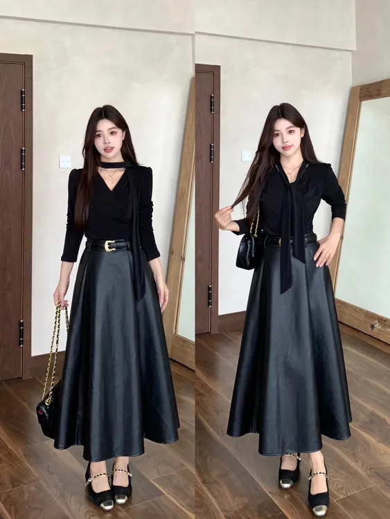 大码秋冬穿搭一整套黑色套装大方得体减龄半身皮裙两件套女显瘦