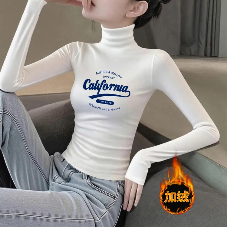 白色德绒打底衫女款内搭冬季修身时髦百搭高领加绒长袖印花上衣潮