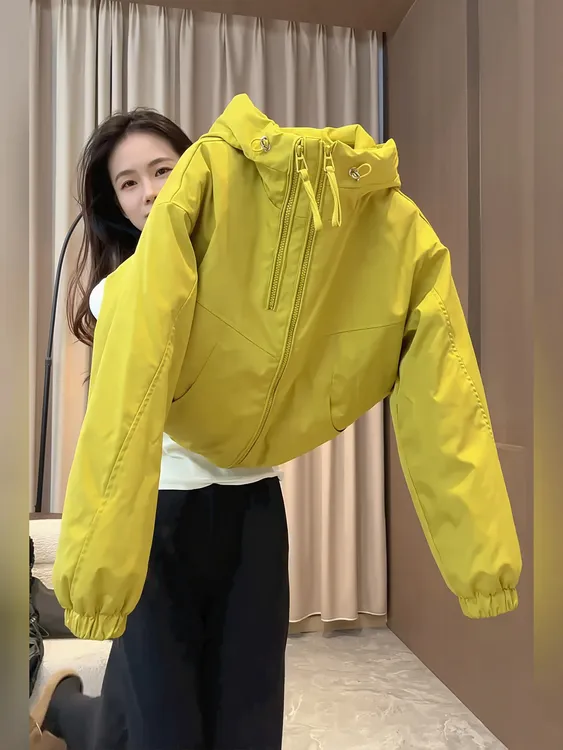 欧货黄绿色连帽双拉链短款外套女2025秋冬新款宽松休闲夹棉冲锋衣