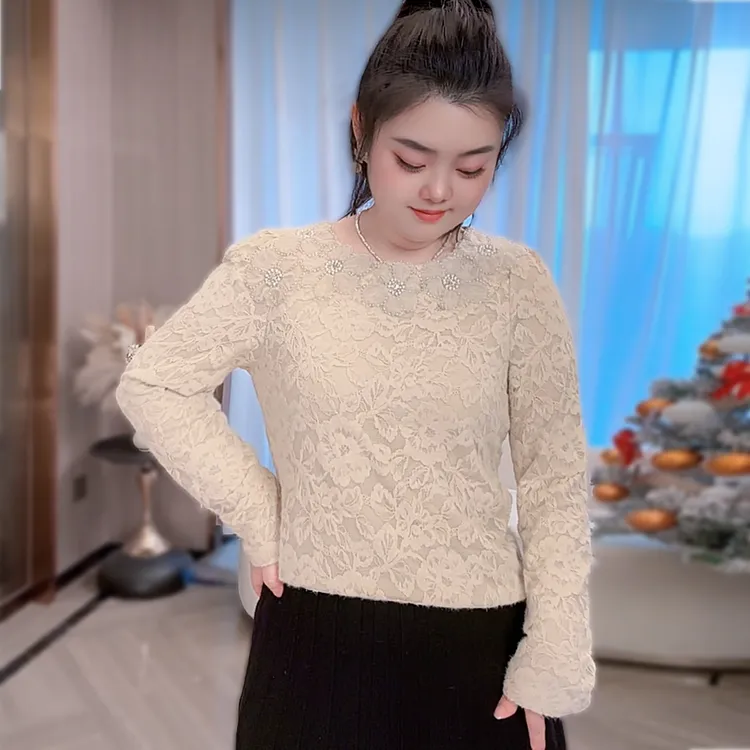 秋冬新款长袖蕾丝打底衫花朵绣珠气质显瘦洋气上衣大码