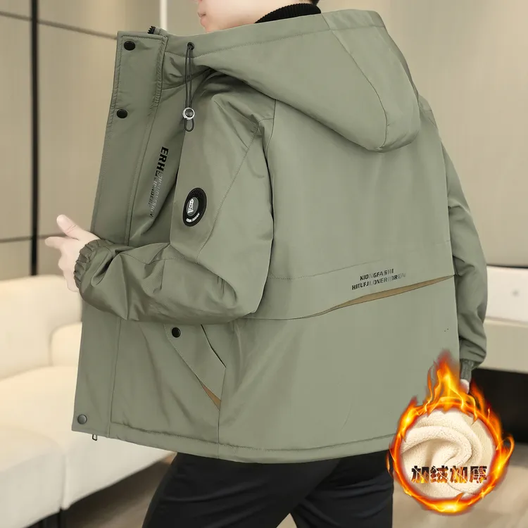 加绒加厚外套男2025新款冬季连帽夹克休闲加绒冲锋衣潮流加厚棉衣
