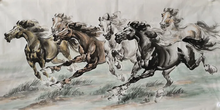 野民六骏图马到成功中式装饰国画客厅挂画