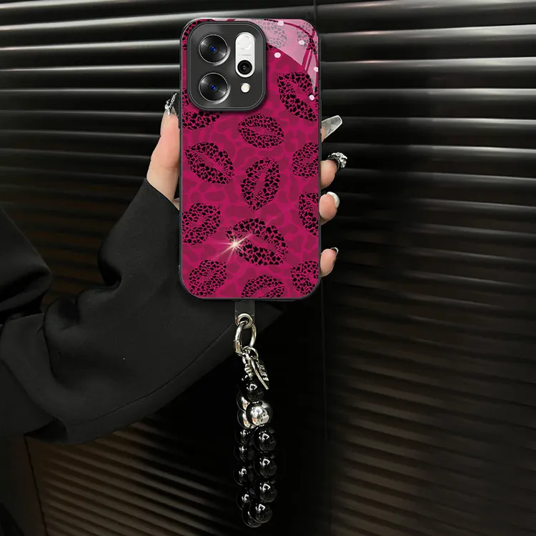 适用【OPPO Reno14pro】钛灰电镀玻璃豹纹嘴唇ins风创意手机壳女款