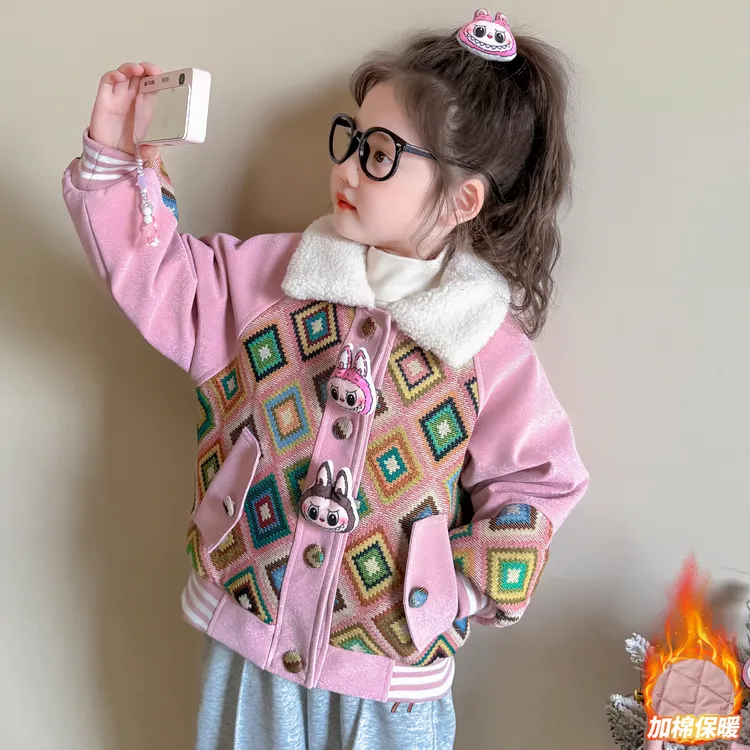 女童夹棉拼色皮衣外套秋冬季儿童洋气加厚卡通上衣女宝宝冬装保暖