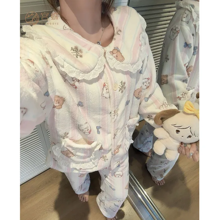 宫蝶【蓄热型】mikko秋冬季睡衣女保暖可爱条纹甜美法兰绒家居服