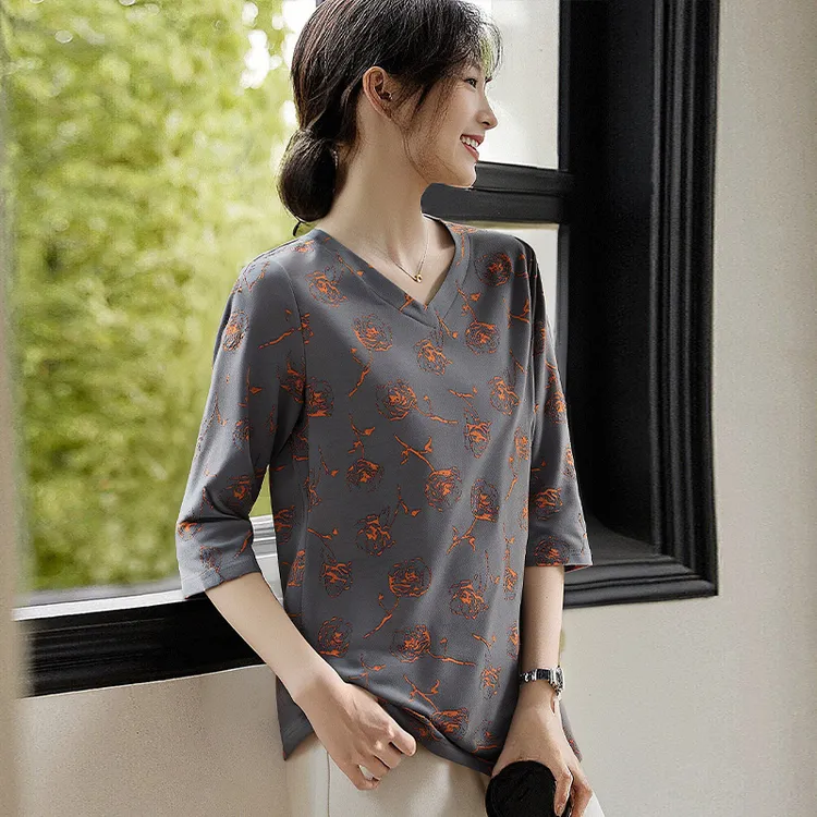 中长款V领七分袖t恤女早秋新款宽松大码女装印花中袖显瘦小衫上衣