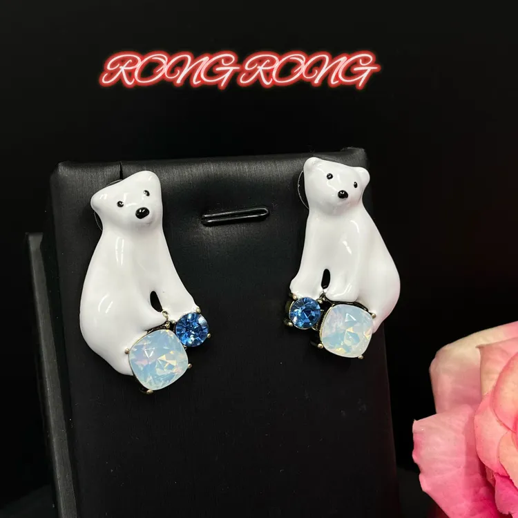纪念 INSBOZHU 正品中古vintage镶钻可爱北极熊耳钉甜美可爱