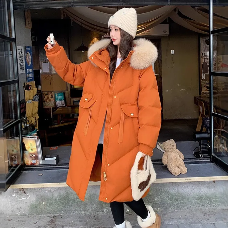 2025冬装加厚特大码加肥加大200斤连帽狐狸毛领长款修身羽绒服