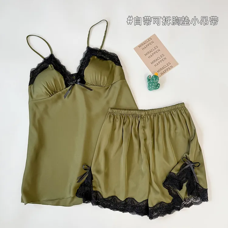 冰丝吊带短裤睡衣女夏季薄款甜美蕾丝边高级感纯欲风带胸垫两件套