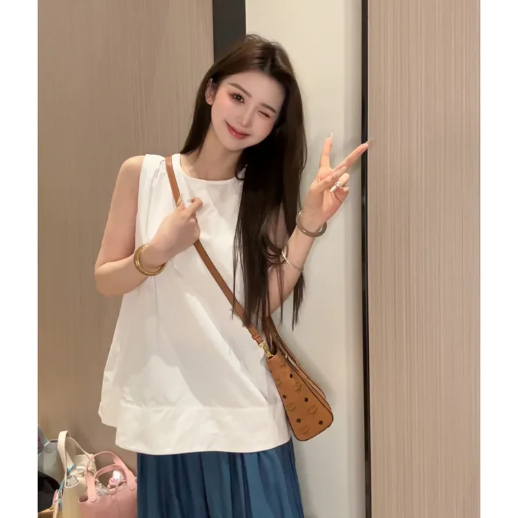 2025夏季新款时尚百搭圆领露背无袖衬衫背心女休闲外穿上衣