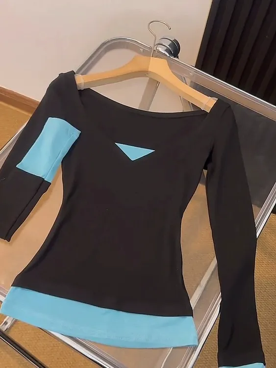 美式辣妹撞色假两件长袖t恤女2025春季新款纯欲性感修身内搭上衣
