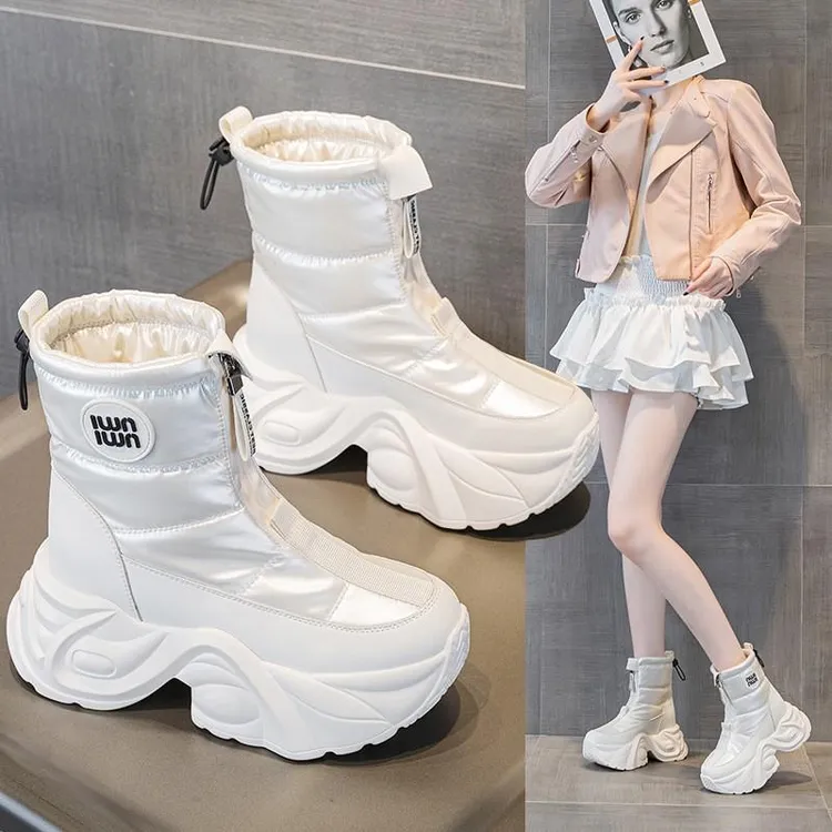 9.5CM白色雪地靴女款新款冬季加绒内增高短靴中筒保暖棉鞋马丁靴.