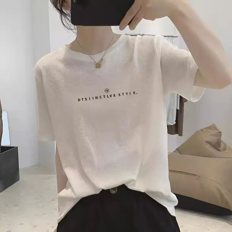 欧货雪花棉2025夏季新款白色短袖t恤女印花正肩宽松显瘦体恤上衣