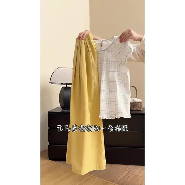 韩系甜美日常穿搭女2025夏季减龄格纹木耳边上衣休闲阔腿裤两件套