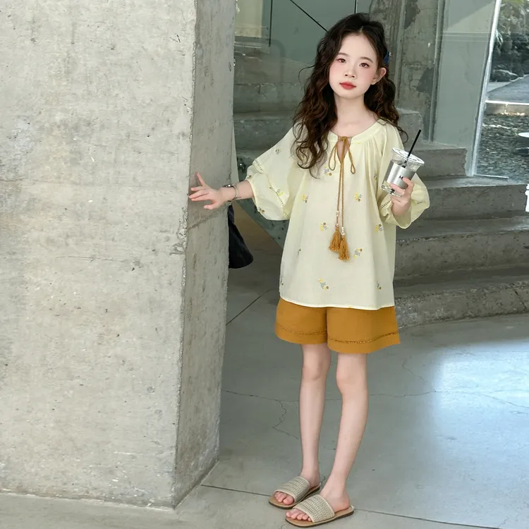 女童套装夏季薄款2025新款洋气中大童娃娃小衫短裤两件套韩系穿搭