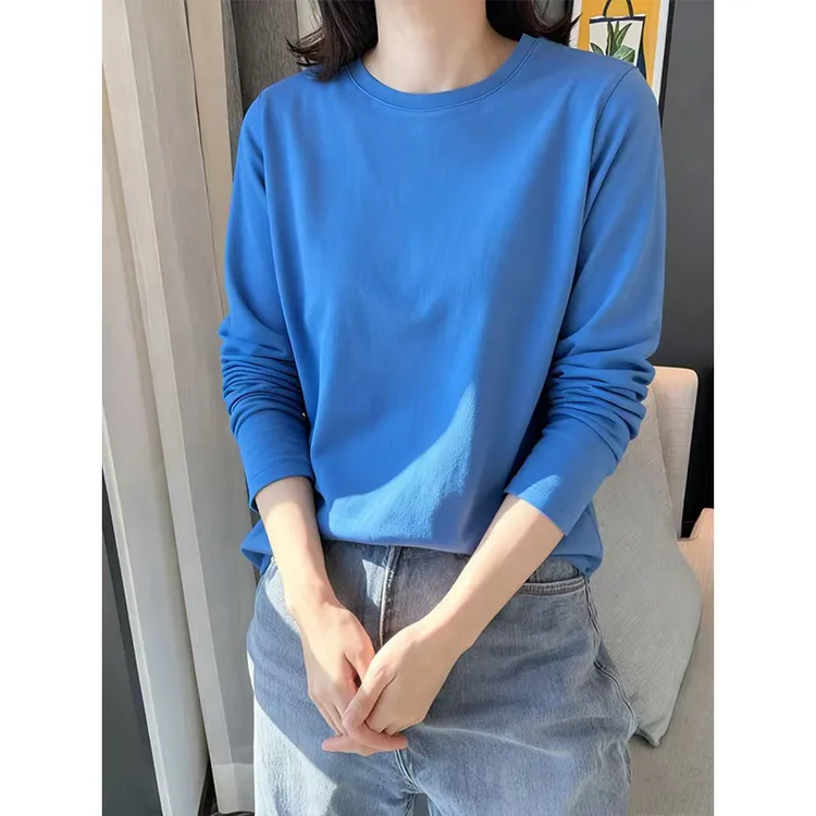 2026新款纯棉圆领雾霾蓝宽松显瘦百搭通勤高级感内搭纯棉长袖T恤