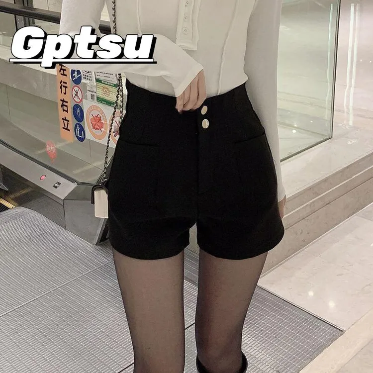 GPTSu秋季新款阔腿短裤女小个子高腰黑色显瘦热裤西装外穿靴裤