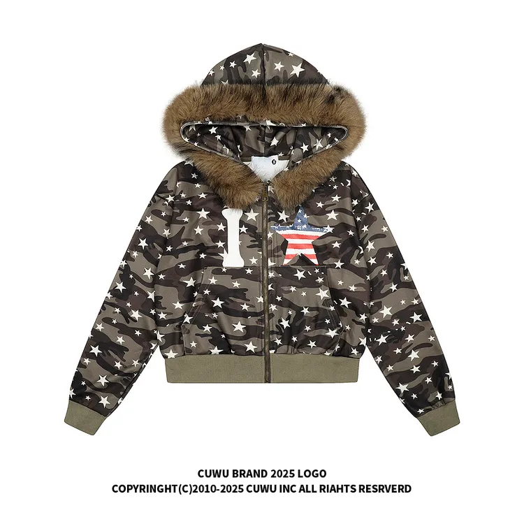 cuwu美式复古可拆卸毛领迷彩连帽卫衣开衫女秋季宽松休闲短款外套