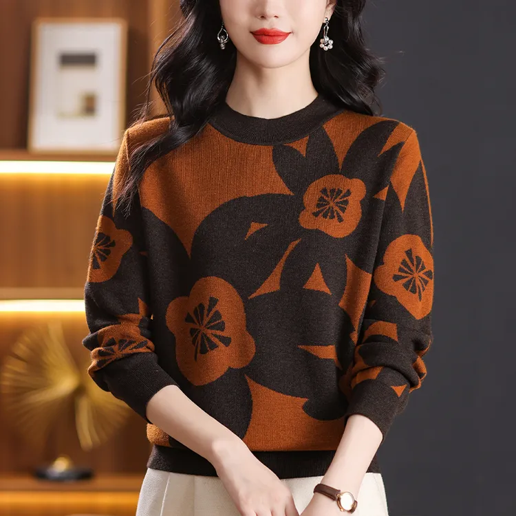 春秋大码洋气提花毛衣女士宽松遮肚子显瘦百搭秋冬时尚针织打底衫