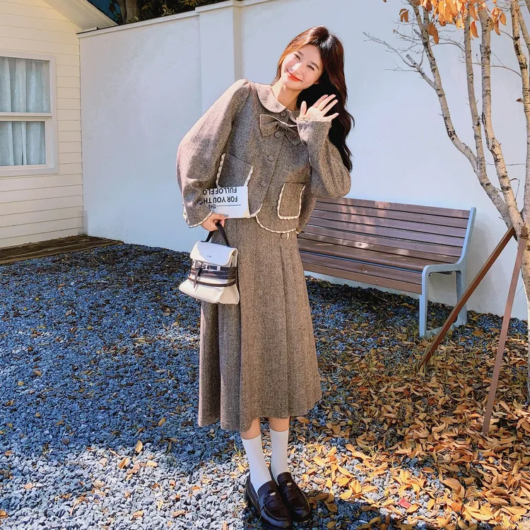 学院风甜美减龄设计感套装女2025秋季新款少女风外套半身裙两件套