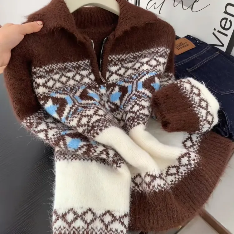 韩版复古费尔岛翻领套头毛衣女2025秋冬新款慵懒风宽松针织上衣