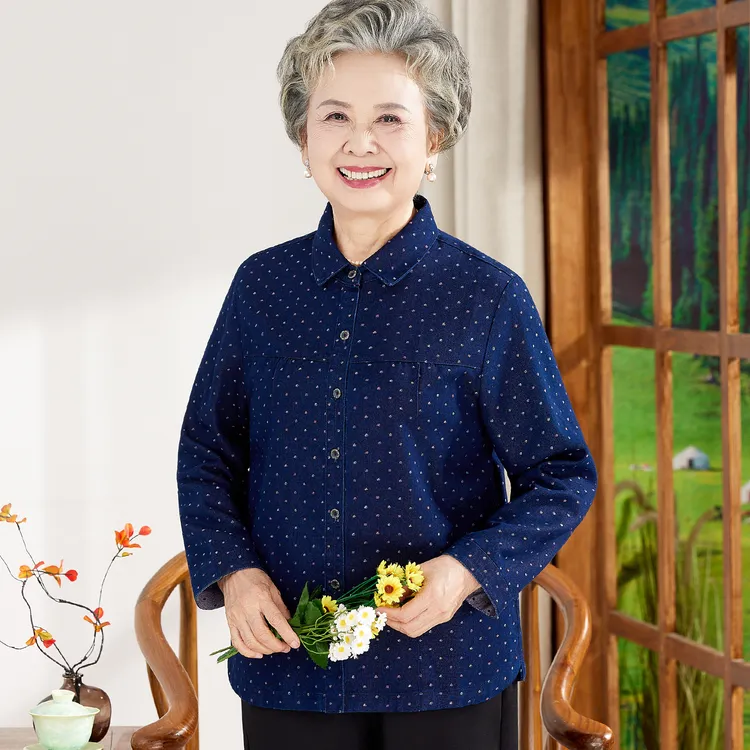 妈妈装棉质长袖衬衫奶奶牛仔上衣中老年人春秋女老太太老人衬衣服