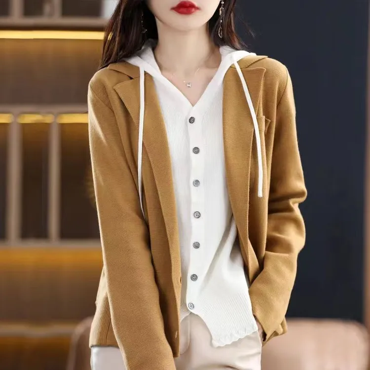 100%纯色羊毛衫西服开衫外套女针织外搭毛衣西装领羊绒加厚正装