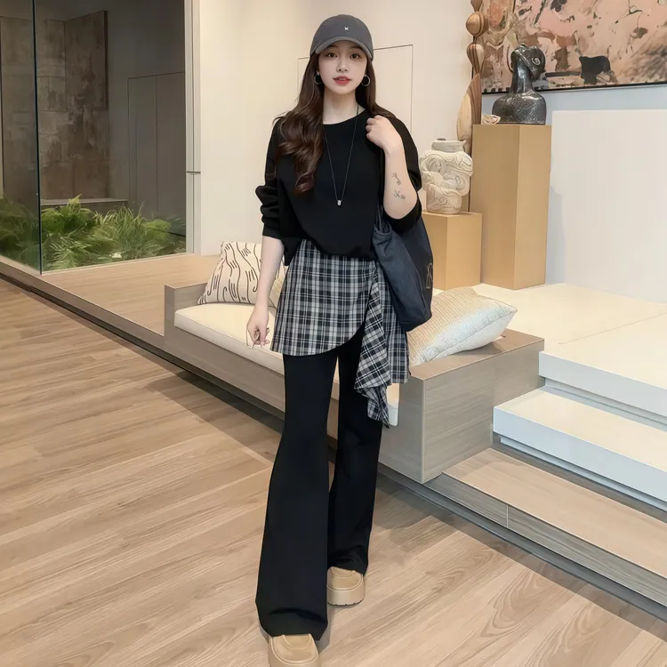 拼接格子微喇裤卫衣两件套女2025秋季大码胖MM新款时尚设计感套装