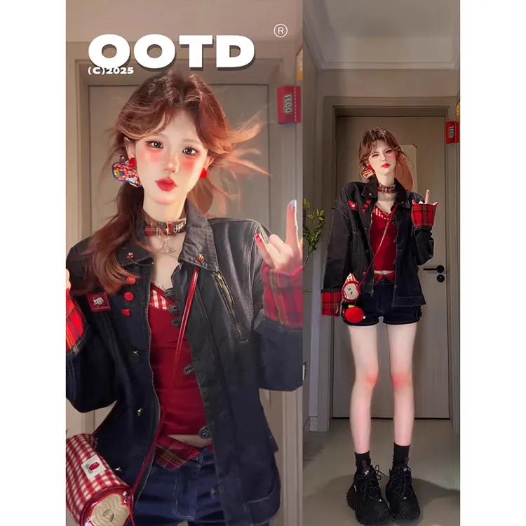 复古甜酷风kitty猫刺绣格子拼接牛仔外套女2025秋季宽松夹克开衫