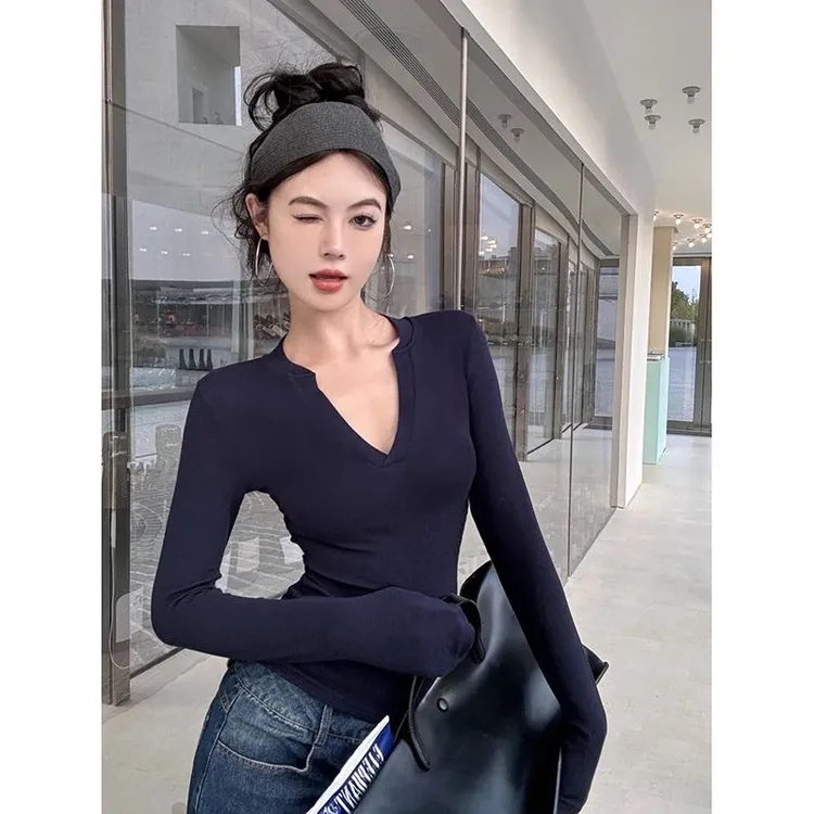 2025气质弹力辣妹心机设计感打底衫长袖百搭修身显瘦内搭纯欲