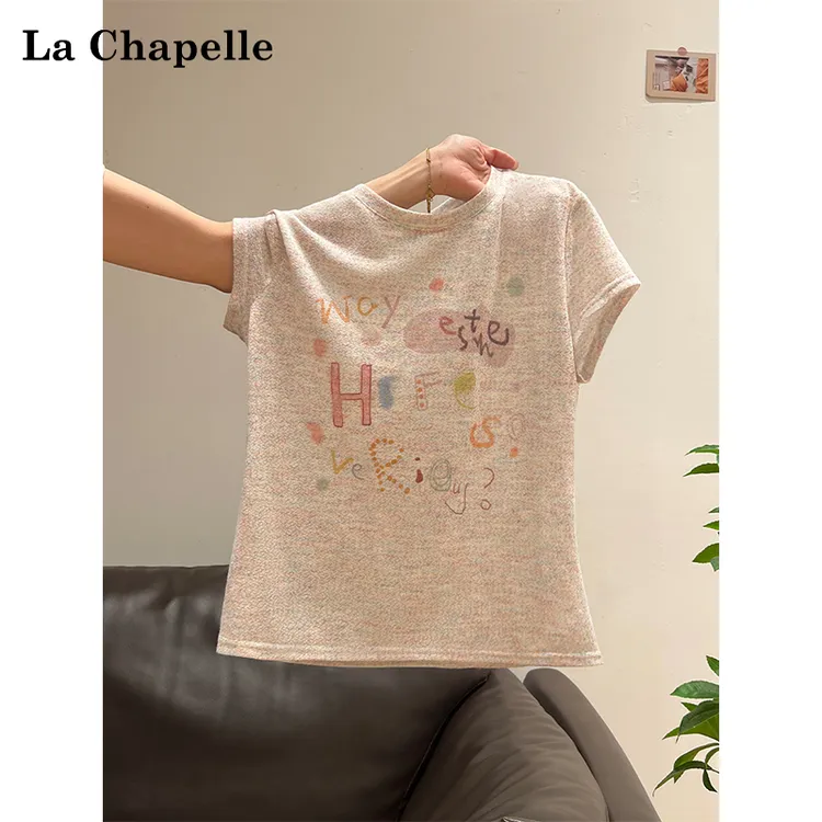 拉夏贝尔彩色花纱透气圆领字母印花短袖t恤夏季新款显瘦宽松上衣