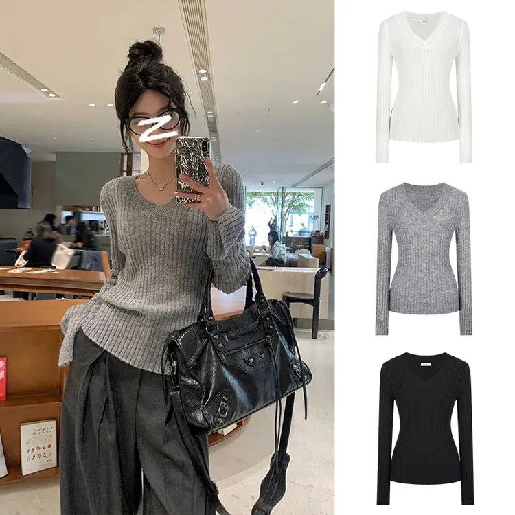 纸片人慵懒感坑条针织衫女V领显瘦长袖上衣