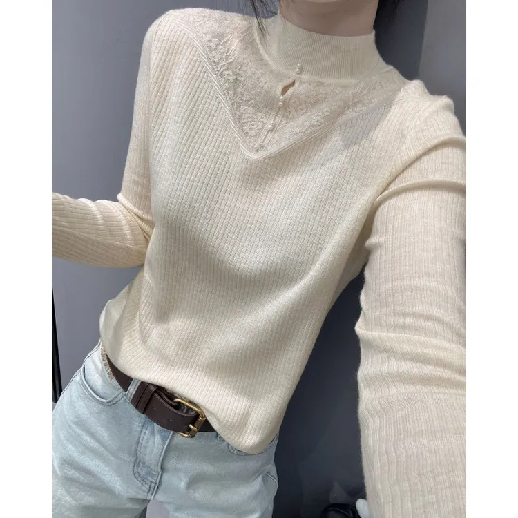 秋冬款时尚提花针织衫长袖女气质修身毛衣半高领打底小衫镂空上衣