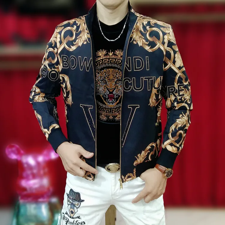 秋季新款男士高品质休闲印花个性立领烫钻外套时尚修身夹克8563