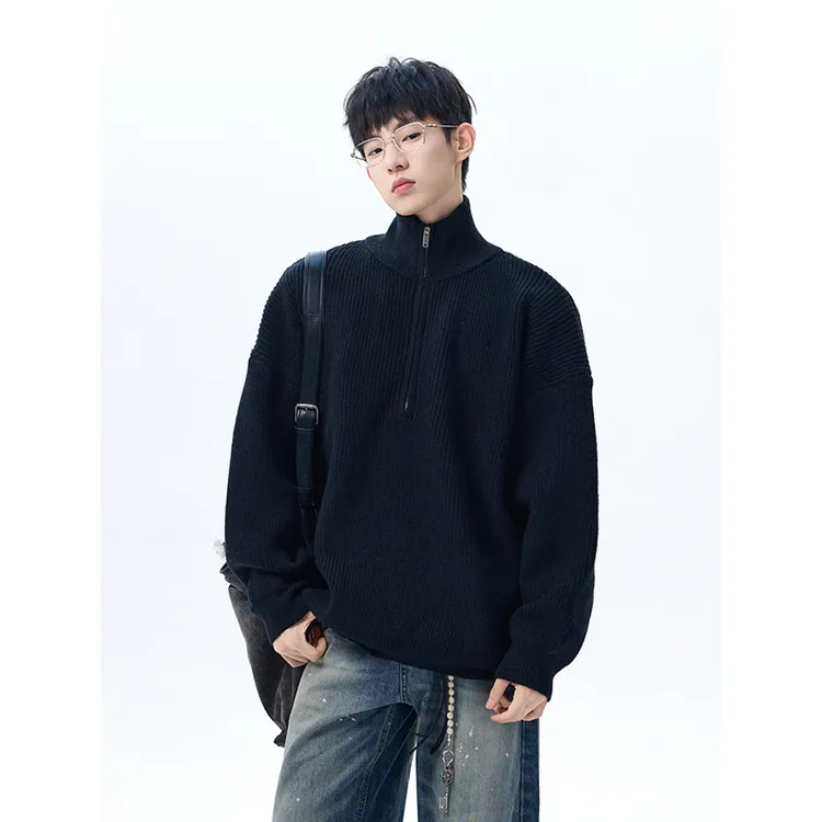 黑色半拉链毛衣男春秋季潮流休闲高领套头外套宽松百搭加厚针织衫