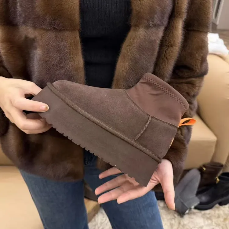 古再丽（5831）真皮厚底6cm时尚百搭加绒雪地靴女冬防滑保暖短筒靴