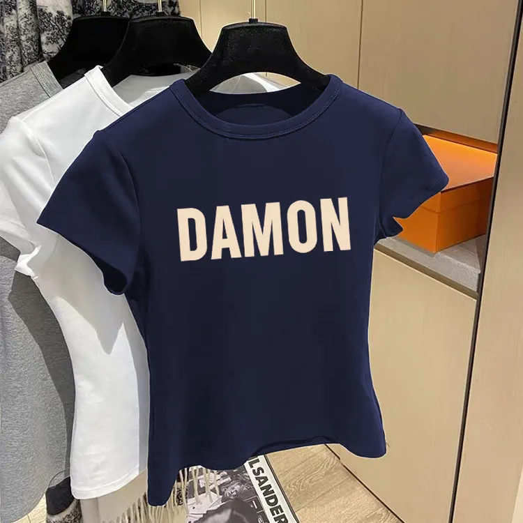 2025夏季正肩纯棉圆领短袖t恤女装ins时尚百搭洋气藏青色上衣修身