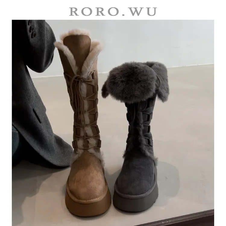 娆娆吴·系带翻折两穿保暖毛毛靴秋冬新款粗跟高筒雪地靴女Z56