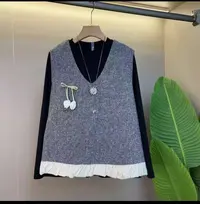 法式小香风V领烫钻马甲打底衫两件套秋季气质显瘦大码女装上衣