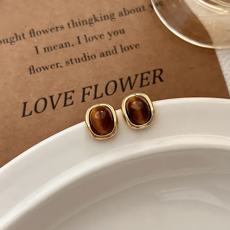 钛钢耳饰 美拉德虎眼石耳钉女复古轻奢简约高级感百搭耳环耳饰