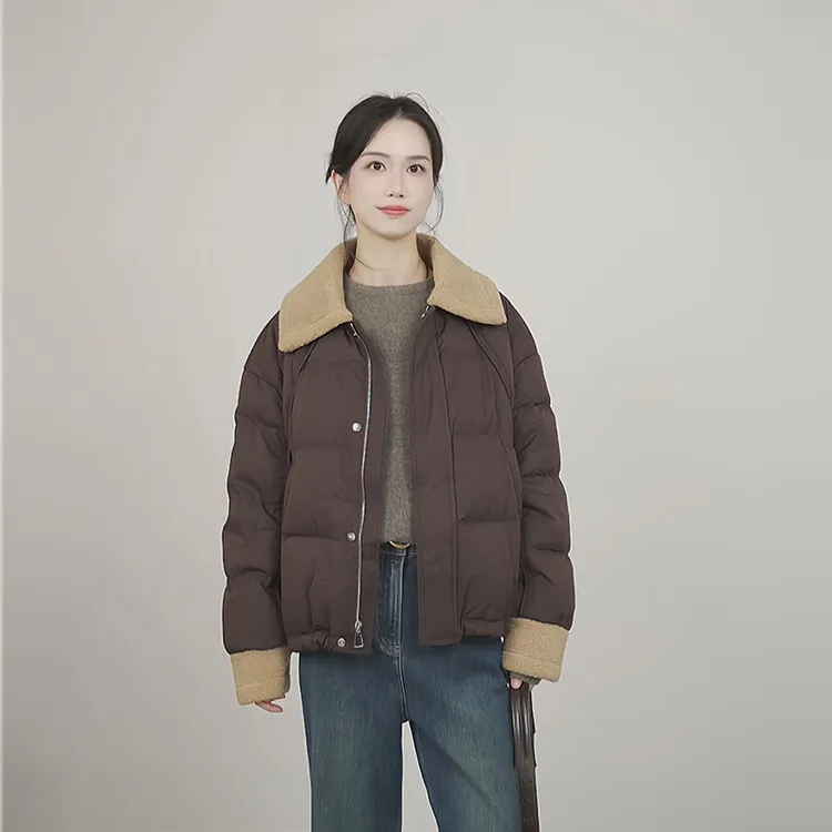 小禾【铂爵】90白鸭绒拼接复古毛绒翻领美拉德风撞色防泼水短羽绒服