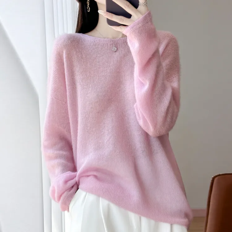针织衫纯羊毛女圆领套头宽松毛衣秋冬装羊绒休闲打底衫