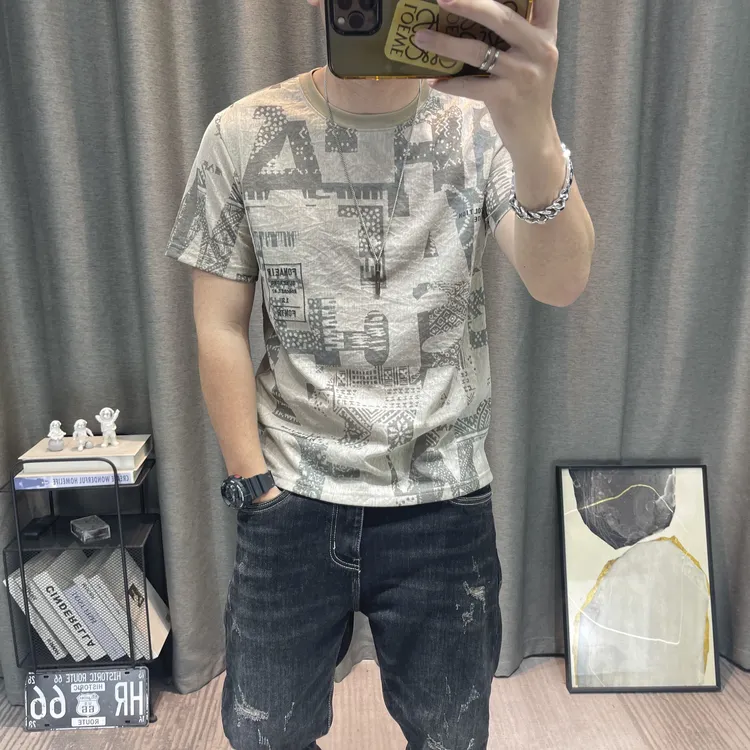 轻奢夏季薄款短袖t恤男复古印花体恤衫百搭透气圆领男装半袖