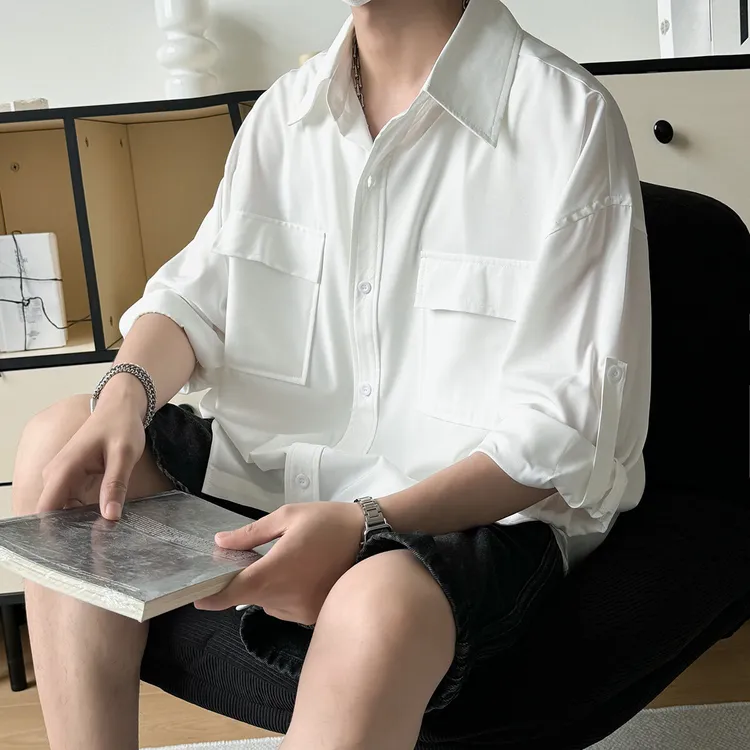 夏季薄款凉感冰丝短袖衬衫男宽松纯色大码七分袖衬衣四季通用衬衫