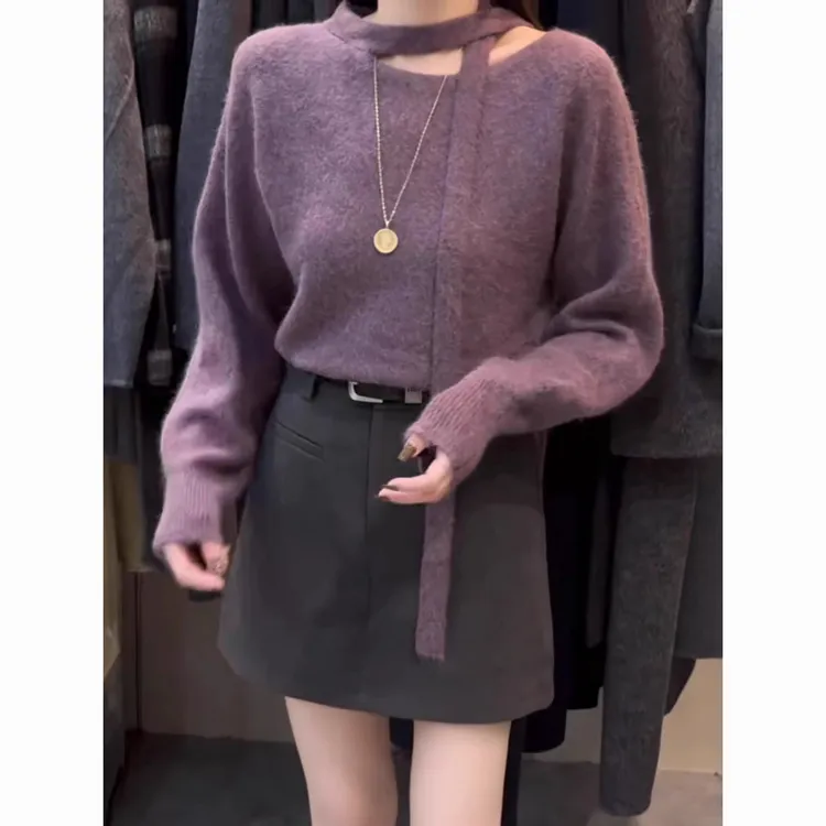 法式气质飘带圆领长袖针织衫女秋冬季宽松显瘦高级感慵懒软糯毛衣