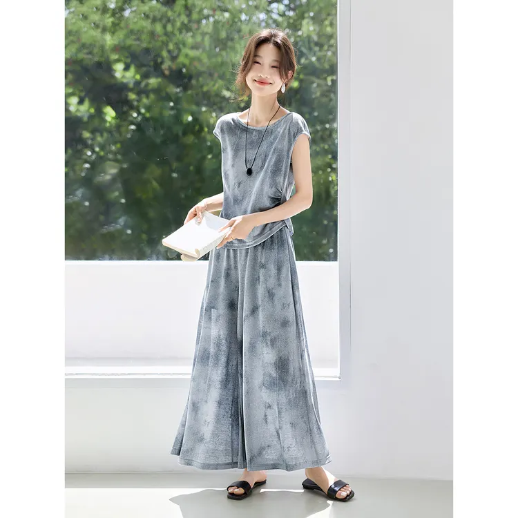 渐变简约打褶T恤九分裙裤套装2025夏季新款轻薄飘逸一套装气质