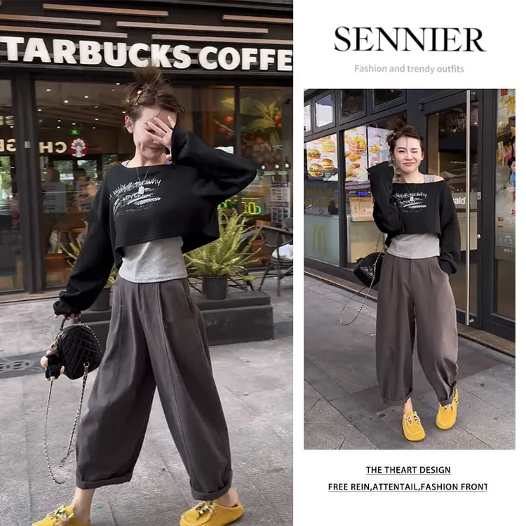 2025早秋新款百搭短款印花长袖上衣修身背心内搭显瘦阔腿裤三件套