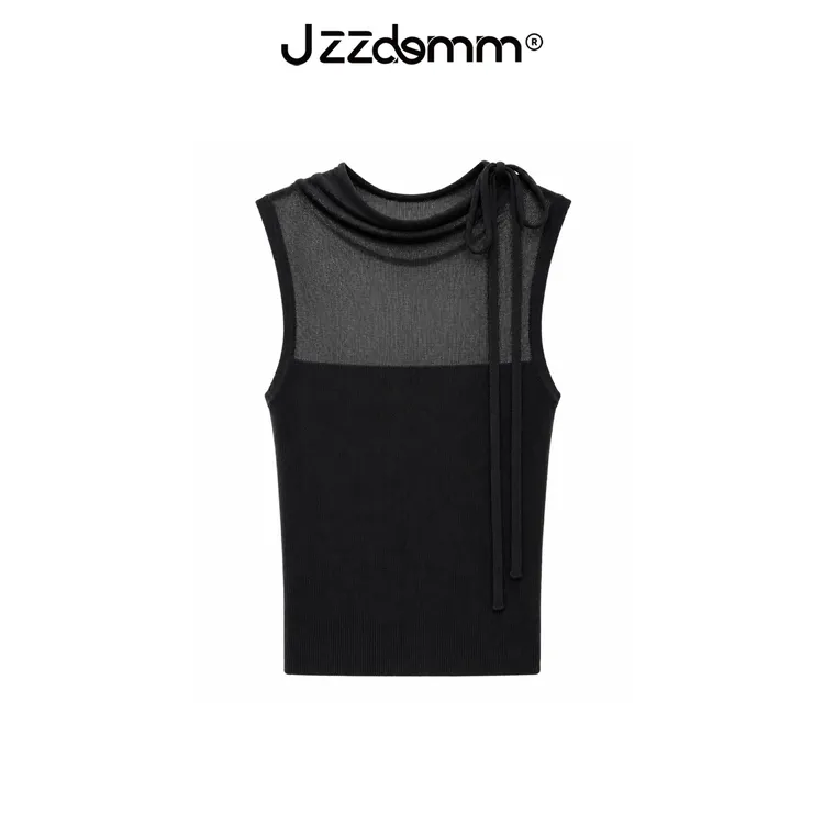 九州诚品/JZZDEMM夏季薄款针织背心女修身透视蝴蝶结绑带短款上衣